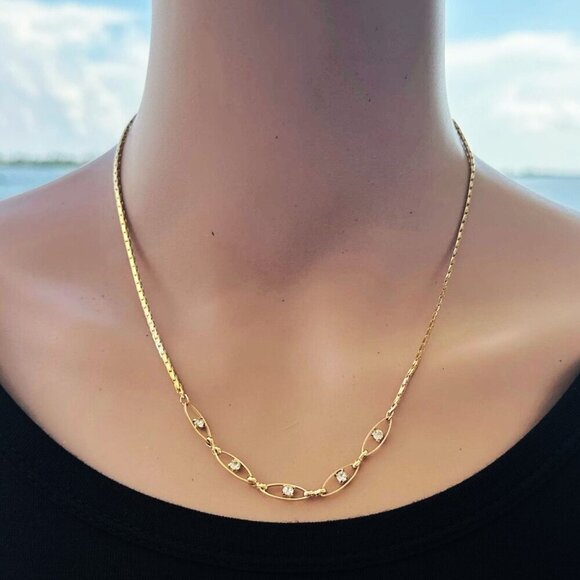 14K Gold Plated Necklace With Rhinestone Accents 14KTGP - Picture 2 of 3